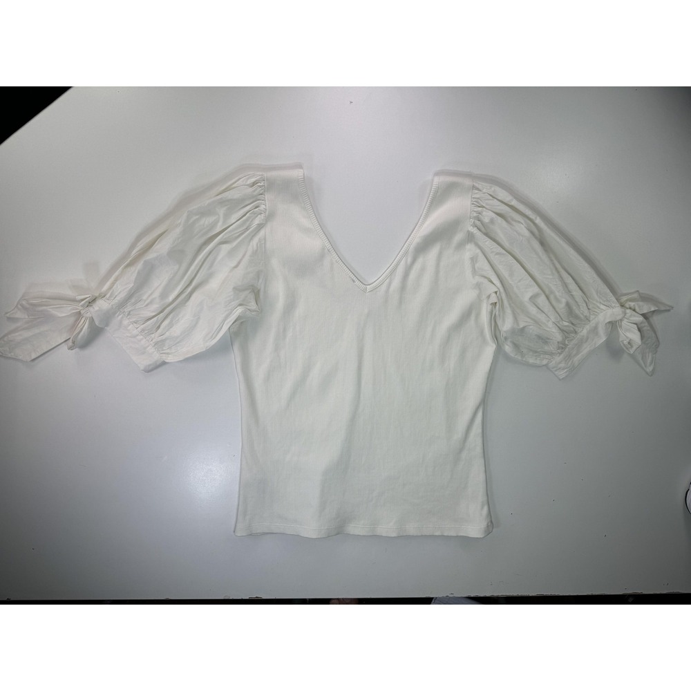 Maeve Anthropologie Shirt Womens Large White Puff Sleeve Tie Cuff V Neck Top - Picture 9 of 11